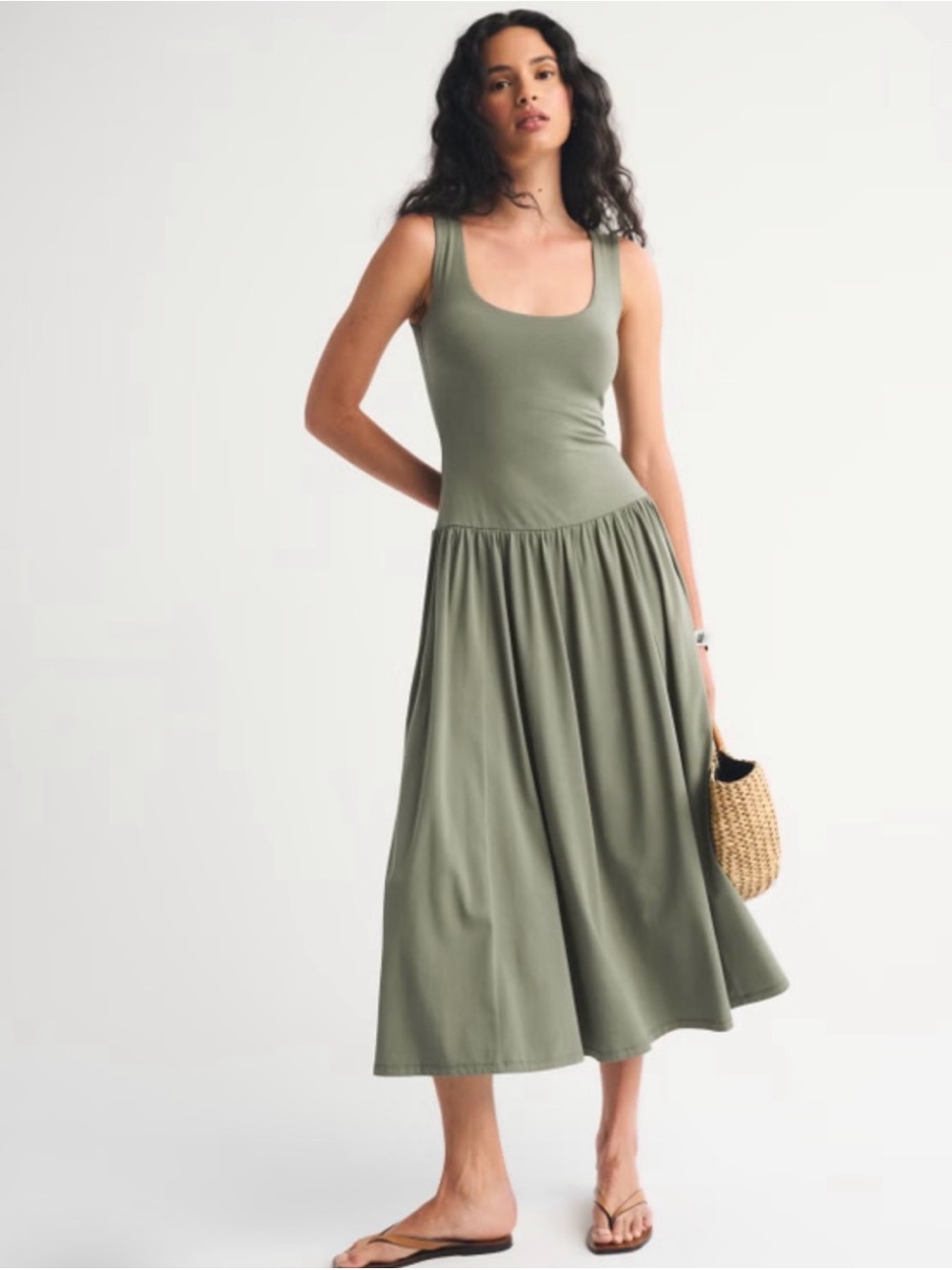 Abercrombie & Fitch Olive Green Sleeveless Scoop Midi Dress
